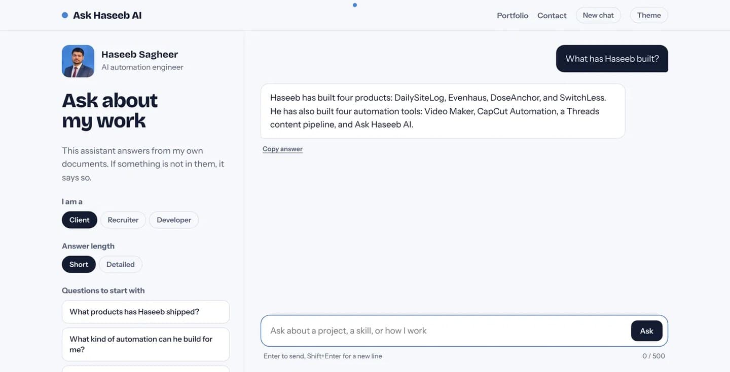 Screenshot of Ask Haseeb AI answering the question: What has Haseeb built?