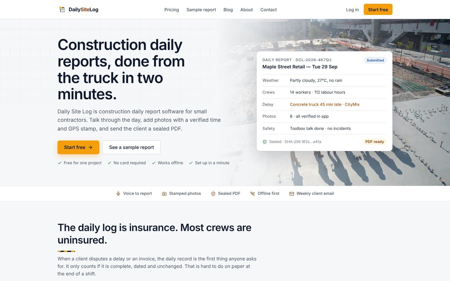 Screenshot of the Daily Site Log website showing a construction daily report