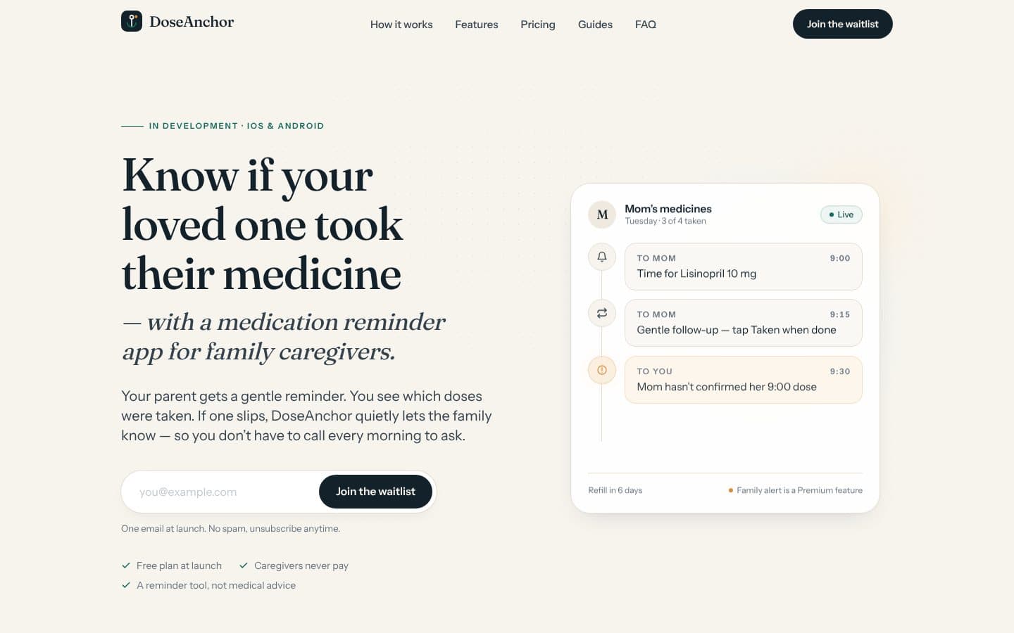 Screenshot of the DoseAnchor website showing medication reminders and a family alert